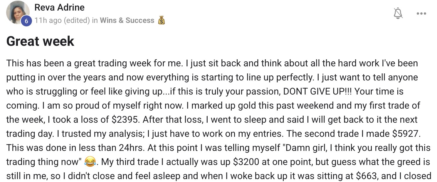 A member's post in the community's Wins and Success channel