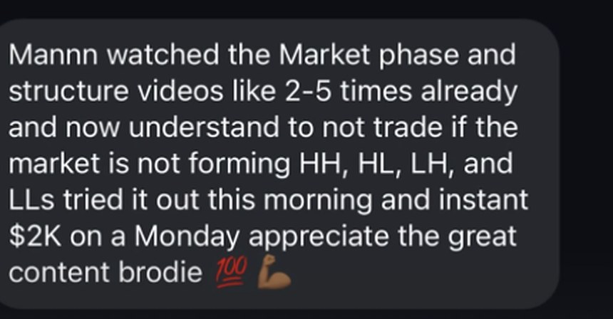 Honcho's message: watched the market phase and structure videos, now won't trade unless the market forms HH, HL, LH and LL; made $2K on a Monday